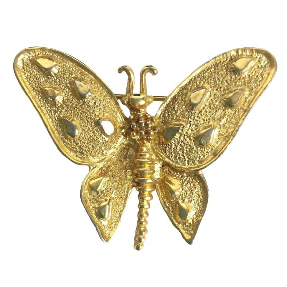 Vintage Goldtone Butterfly Brooch Pin With Textured Wings & Secure Clasp - Picture 1 of 3